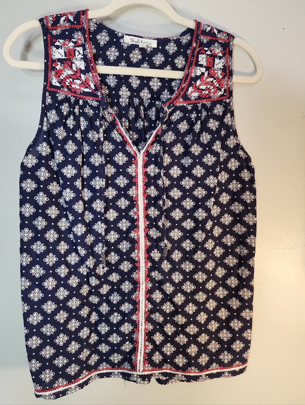 Solitaire Navy and White Printed Embroidered Sleeveless Camisole
